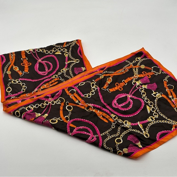 Talbots Multi Color Pink Orange Tassel Print 100% Silk Scarf 12” x 60” - Picture 2 of 6